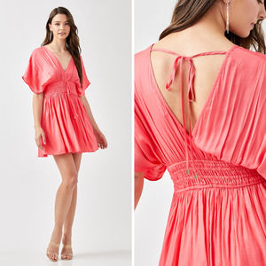 MUSTARD SEED Smocked Waist Mini Dress with Tie Back Detail - Calypso Coral